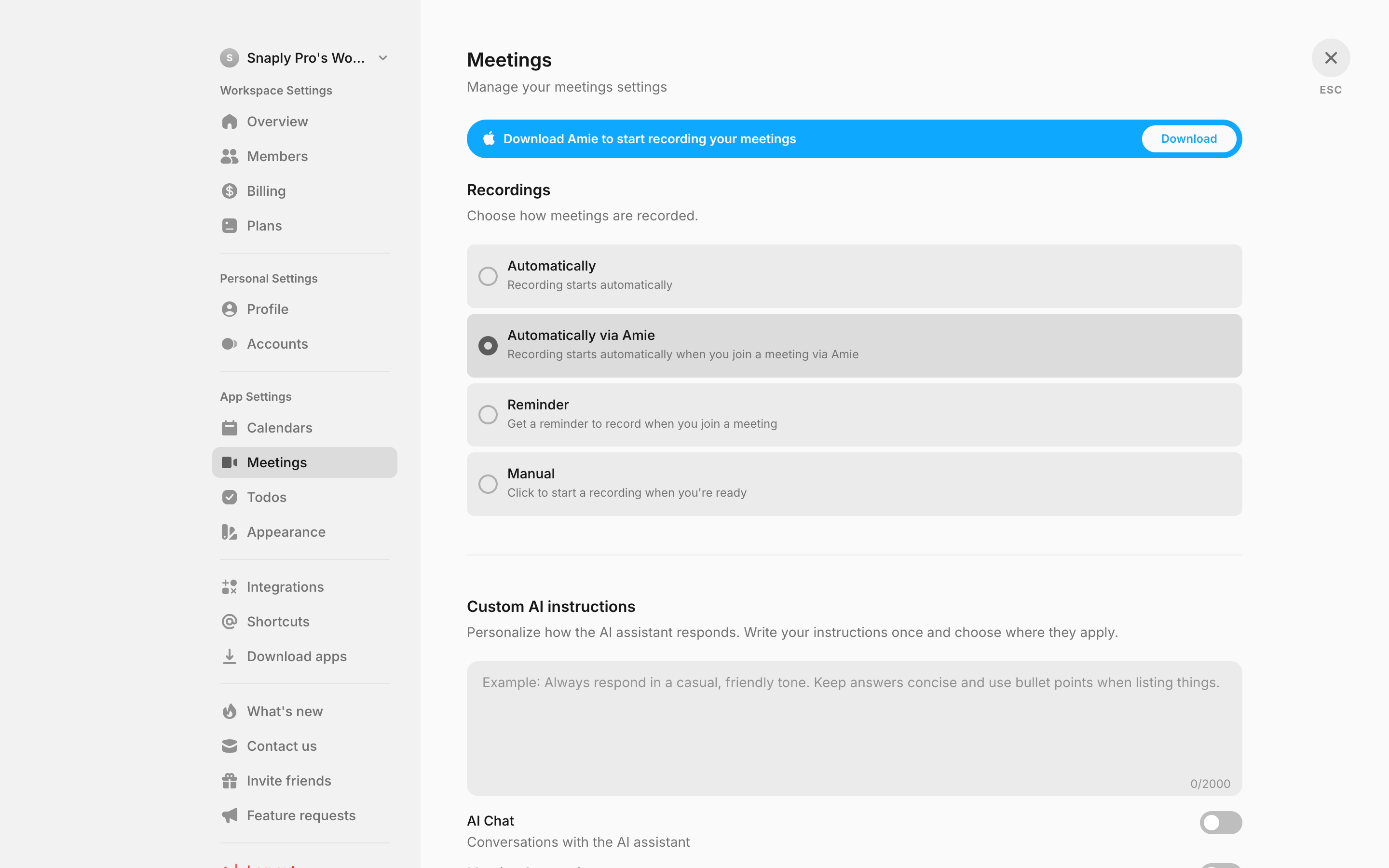 Amie — meetings-settings screenshot