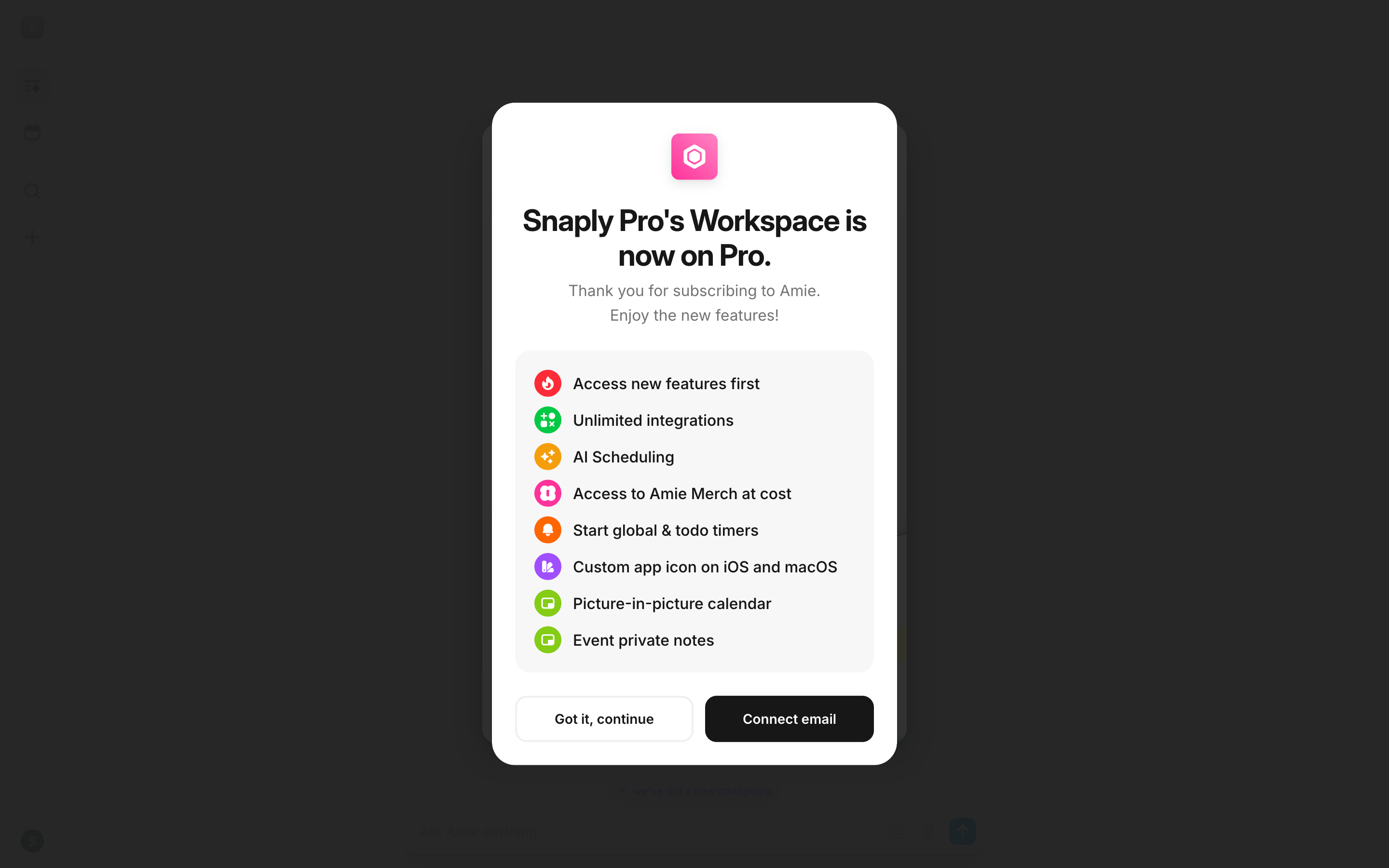Amie — pro-upgrade-success screenshot