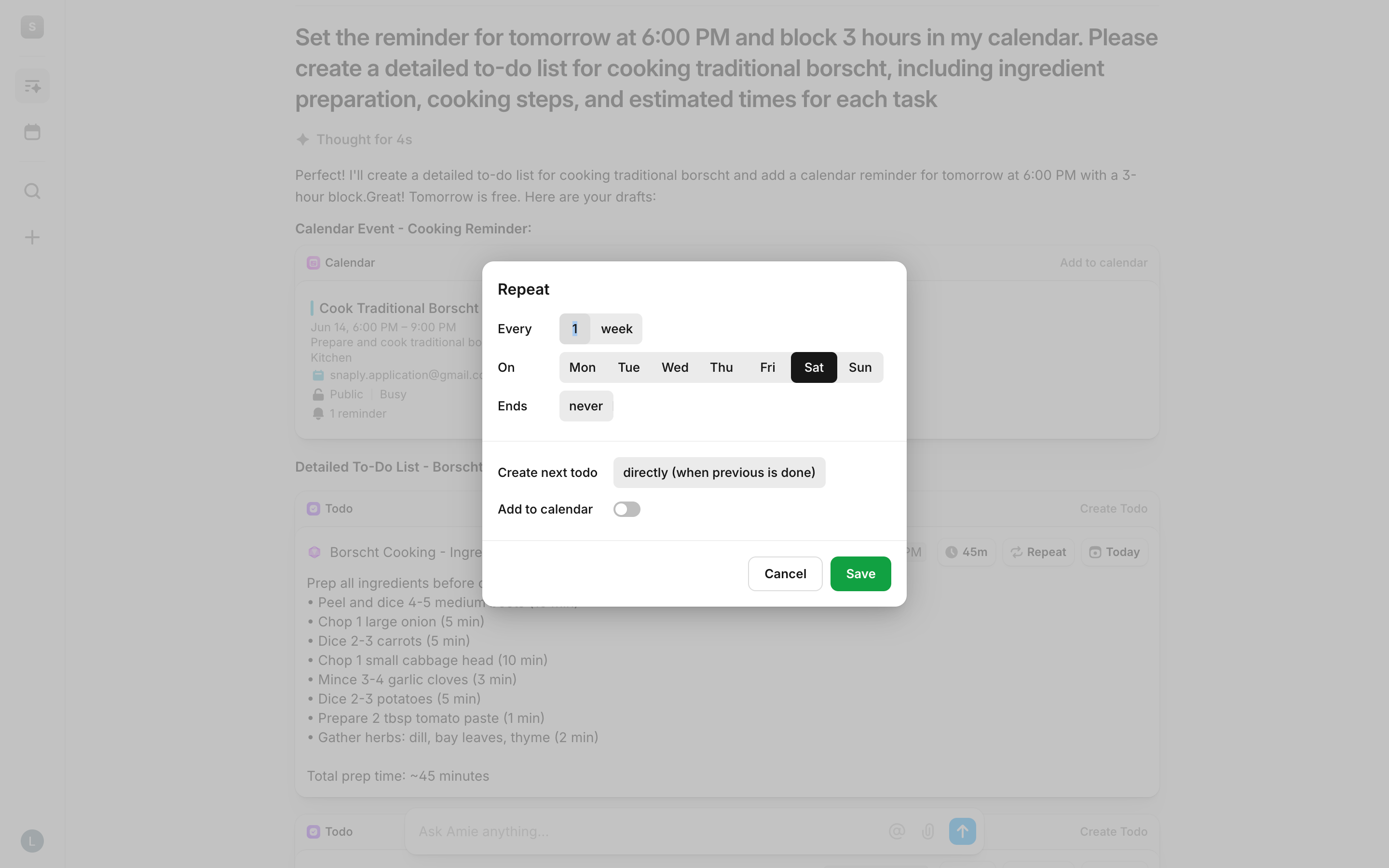Amie — repeat-settings screenshot