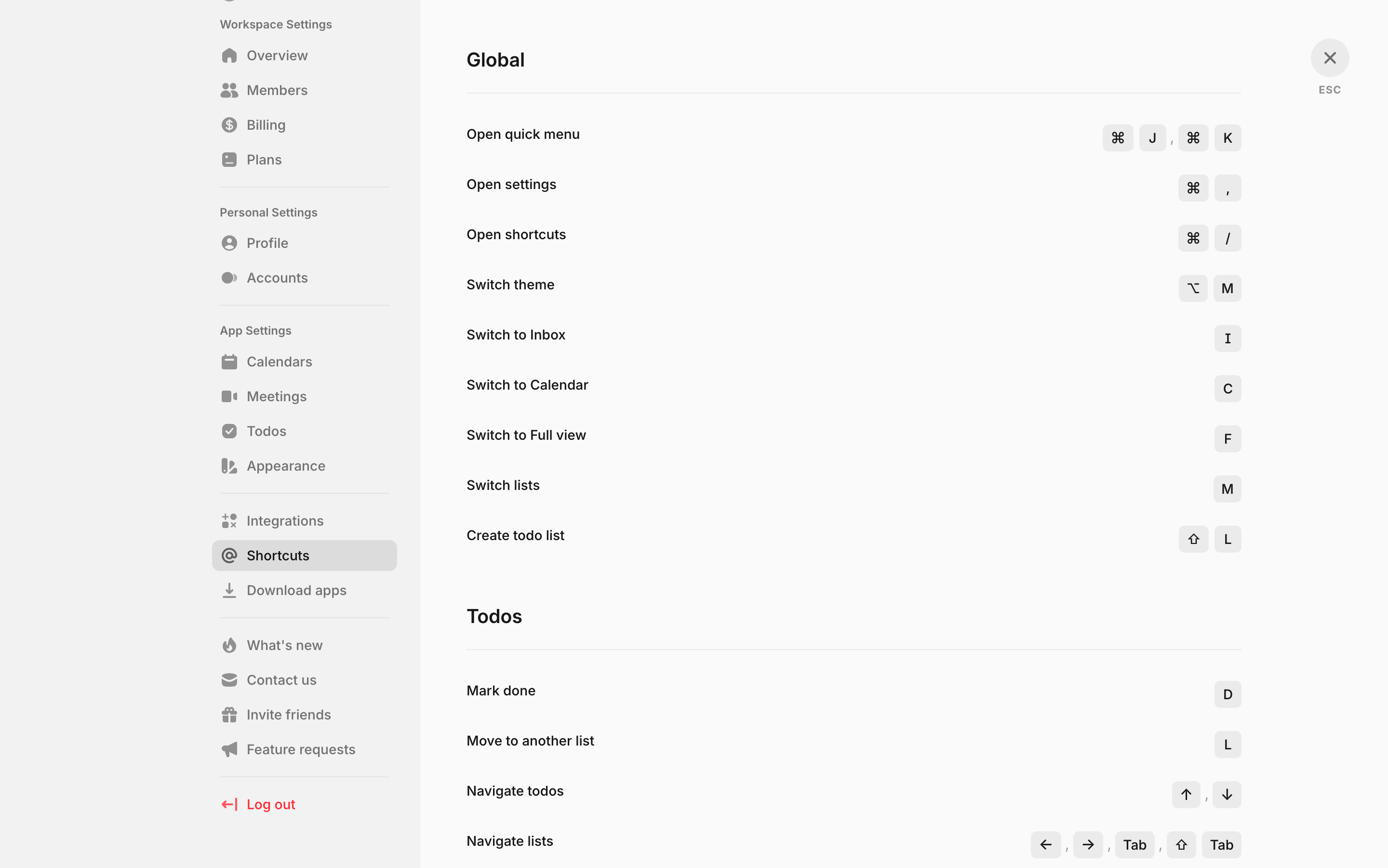 Amie — shortcuts-list screenshot