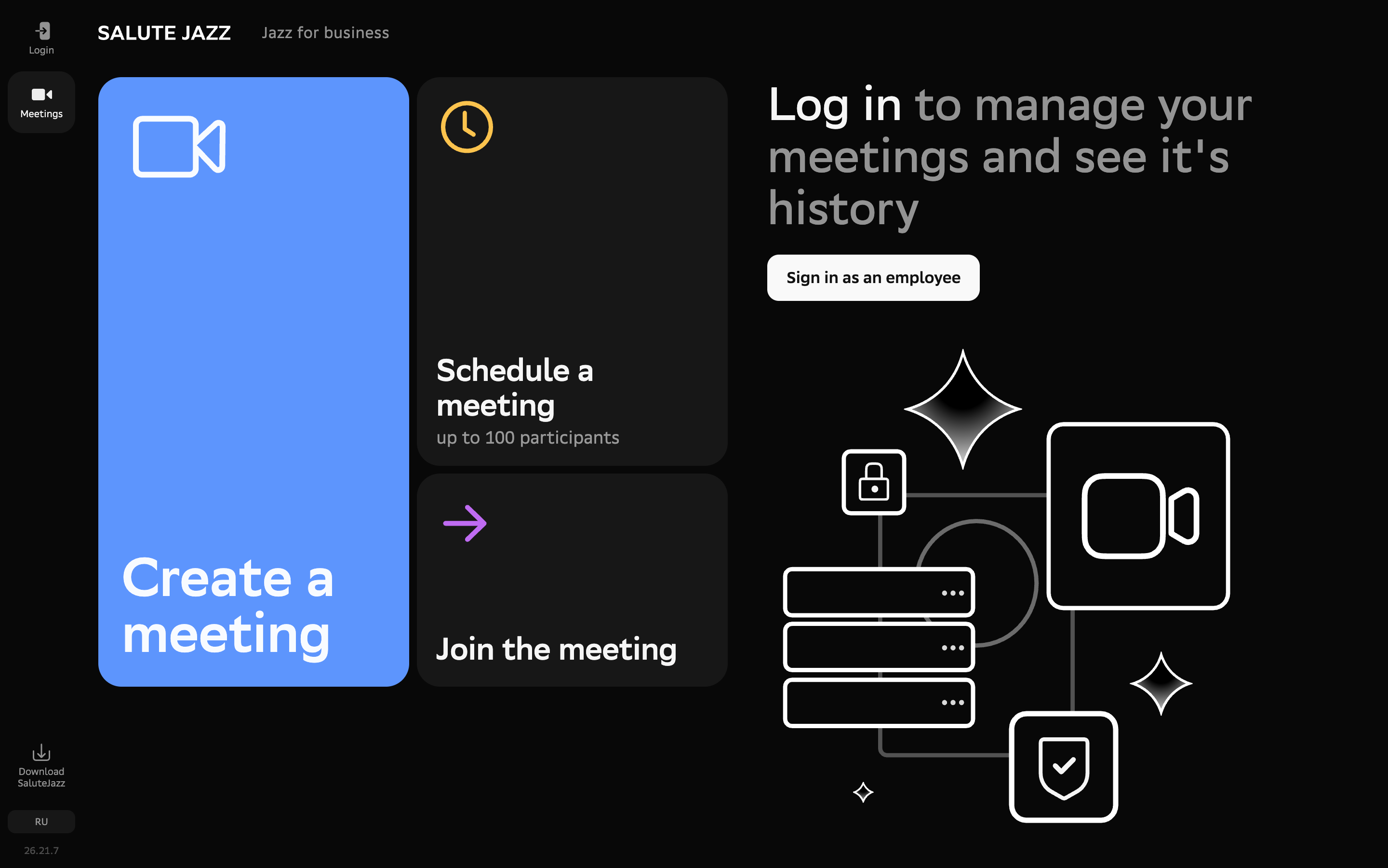 Salute Jazz — login-meetings-home screenshot