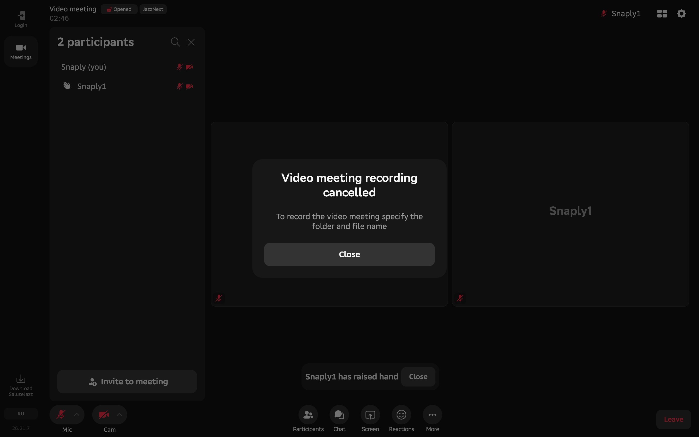 Salute Jazz — recording-cancelled-toast screenshot