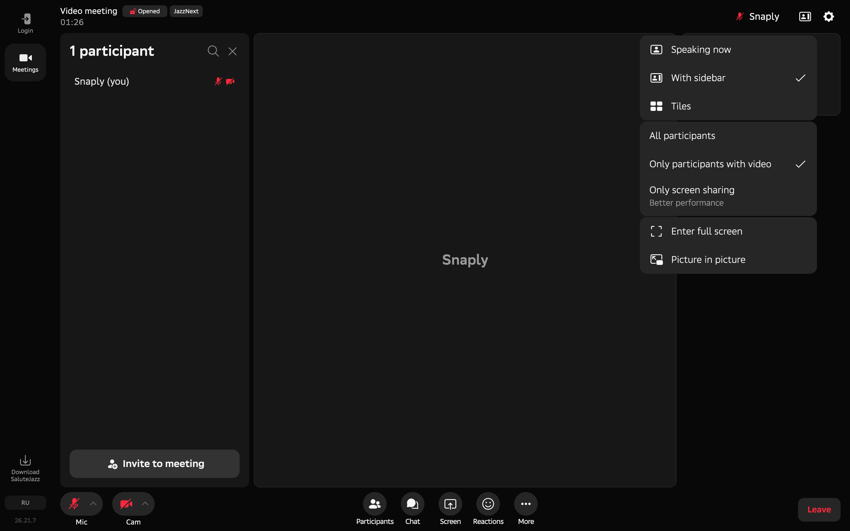 Salute Jazz — layout-menu screenshot