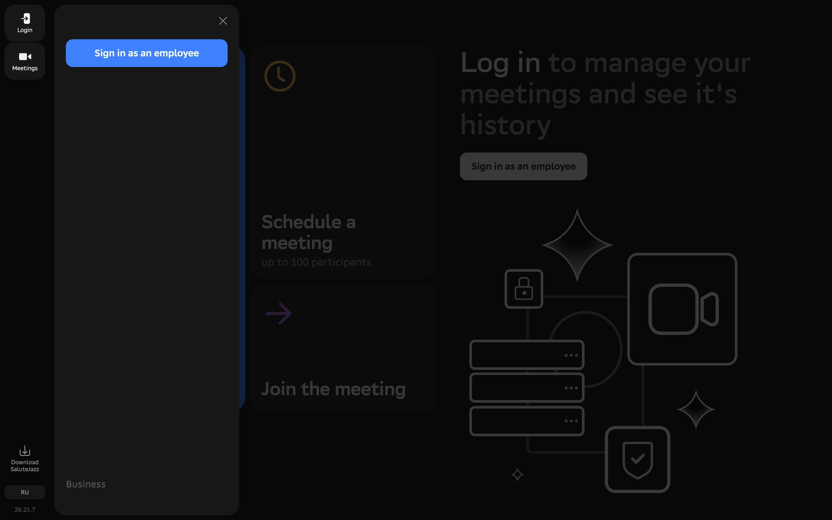 Salute Jazz — login-business-drawer screenshot