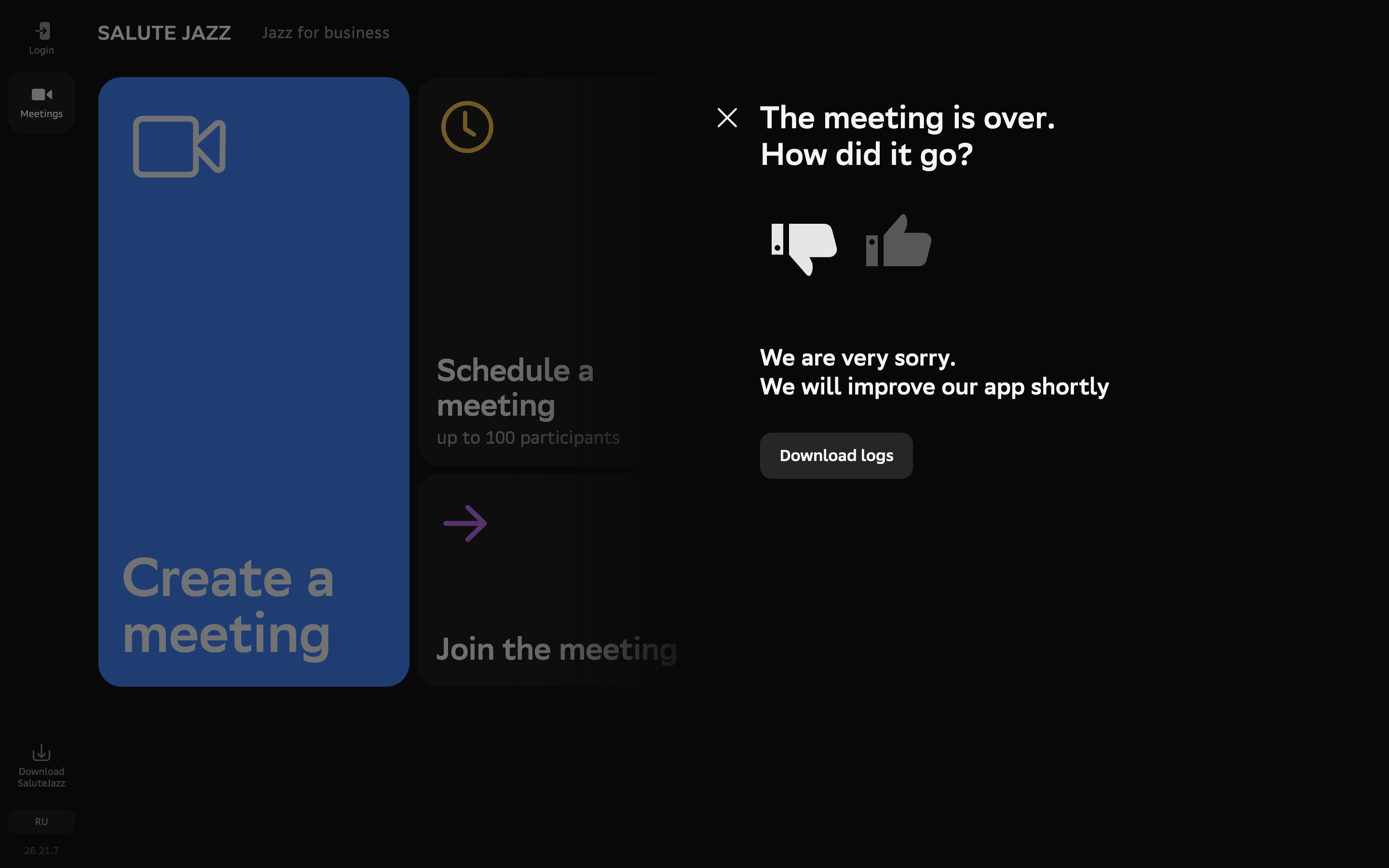 Salute Jazz — meeting-over-error screenshot