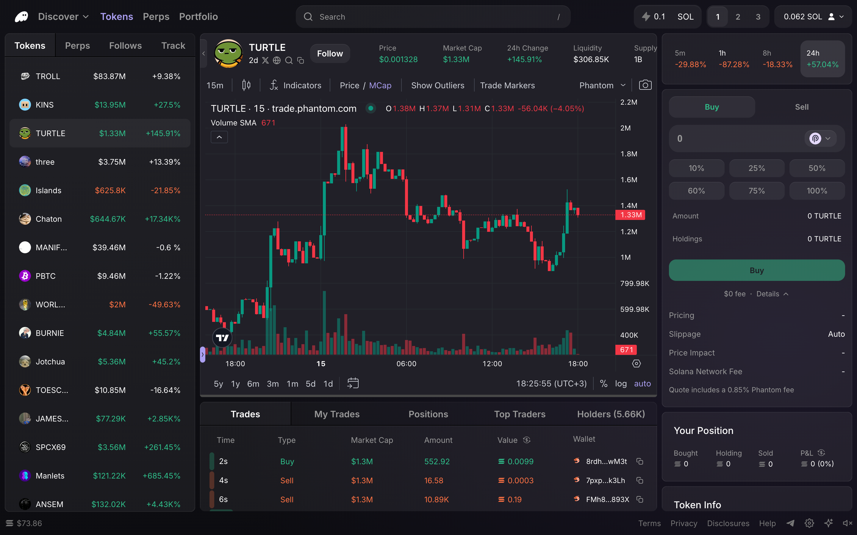 Phantom Terminal — token-trades-table screenshot