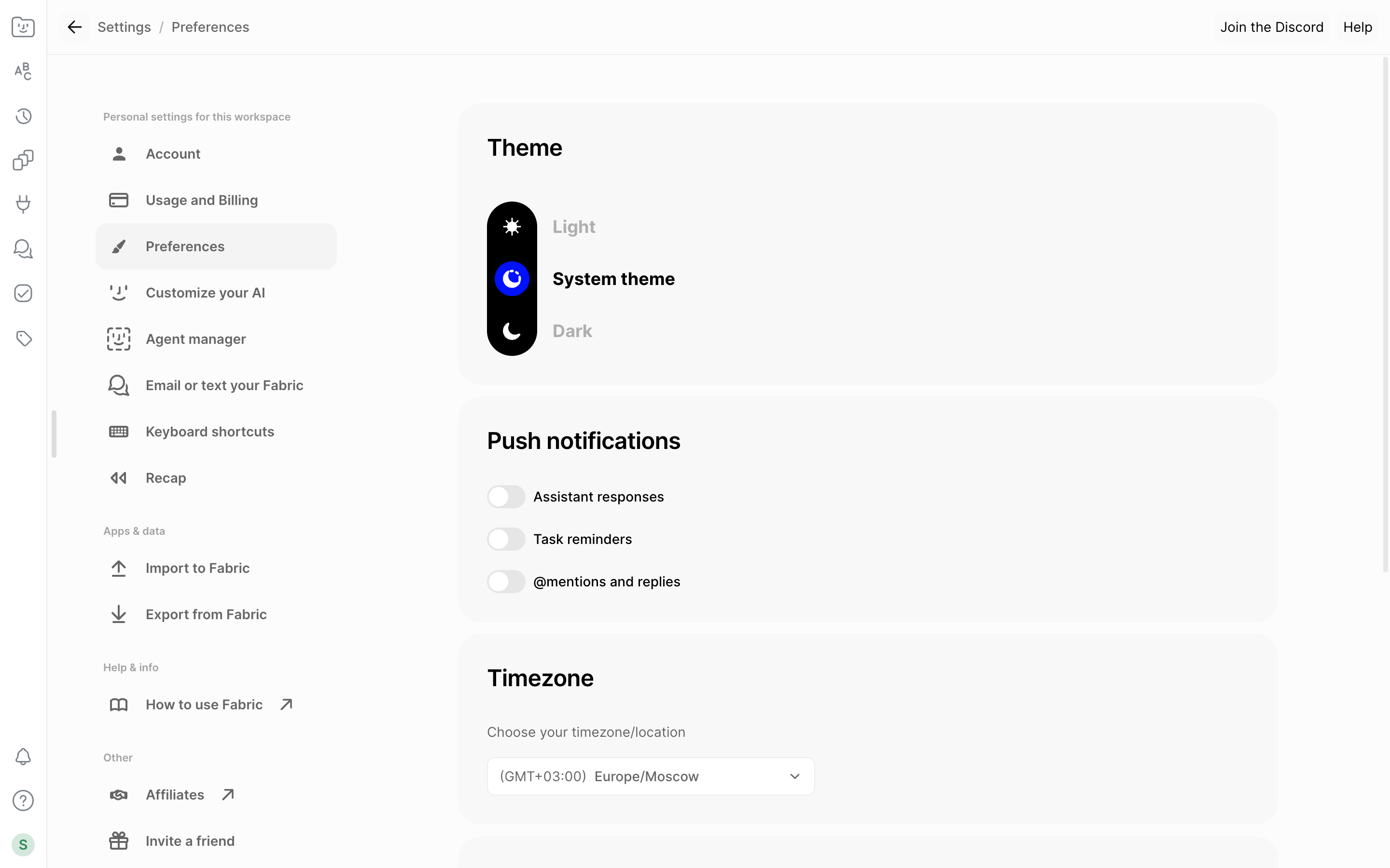 Fabric — preferences-theme screenshot