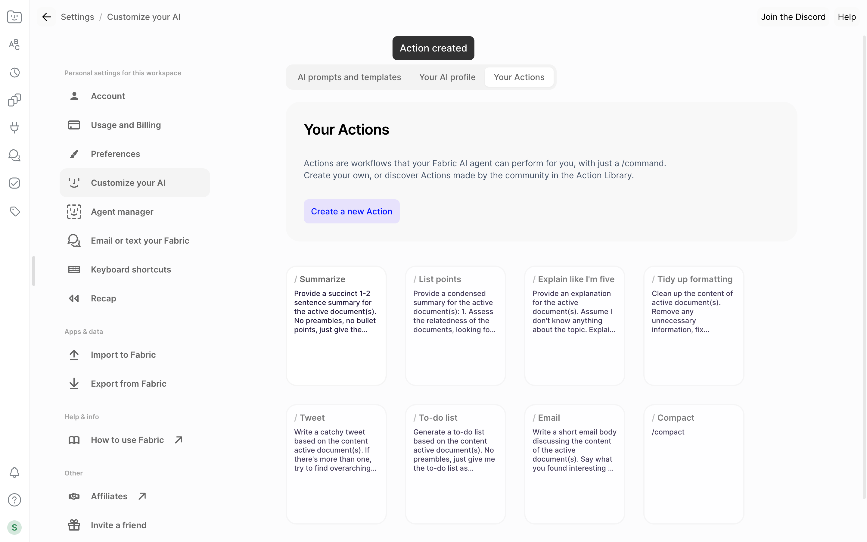 Fabric — action-toast screenshot