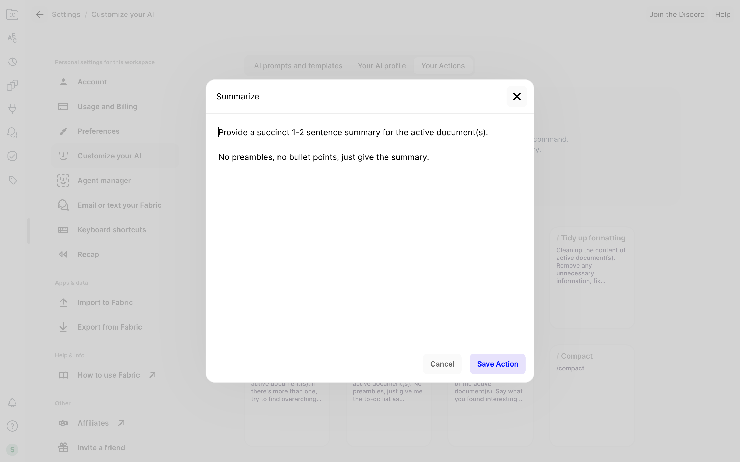 Fabric — summarize-dialog screenshot