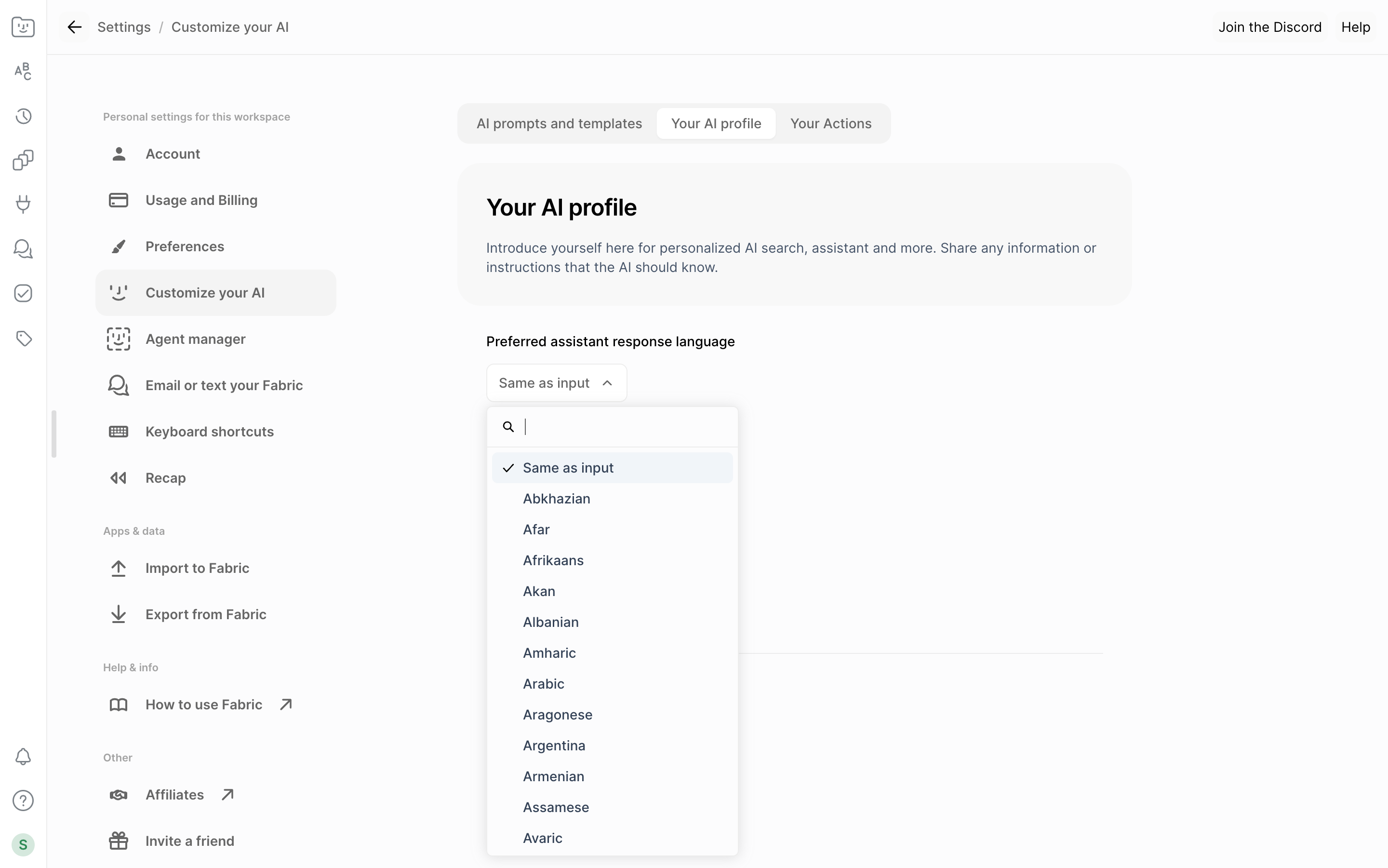 Fabric — ai-profile-dropdown screenshot