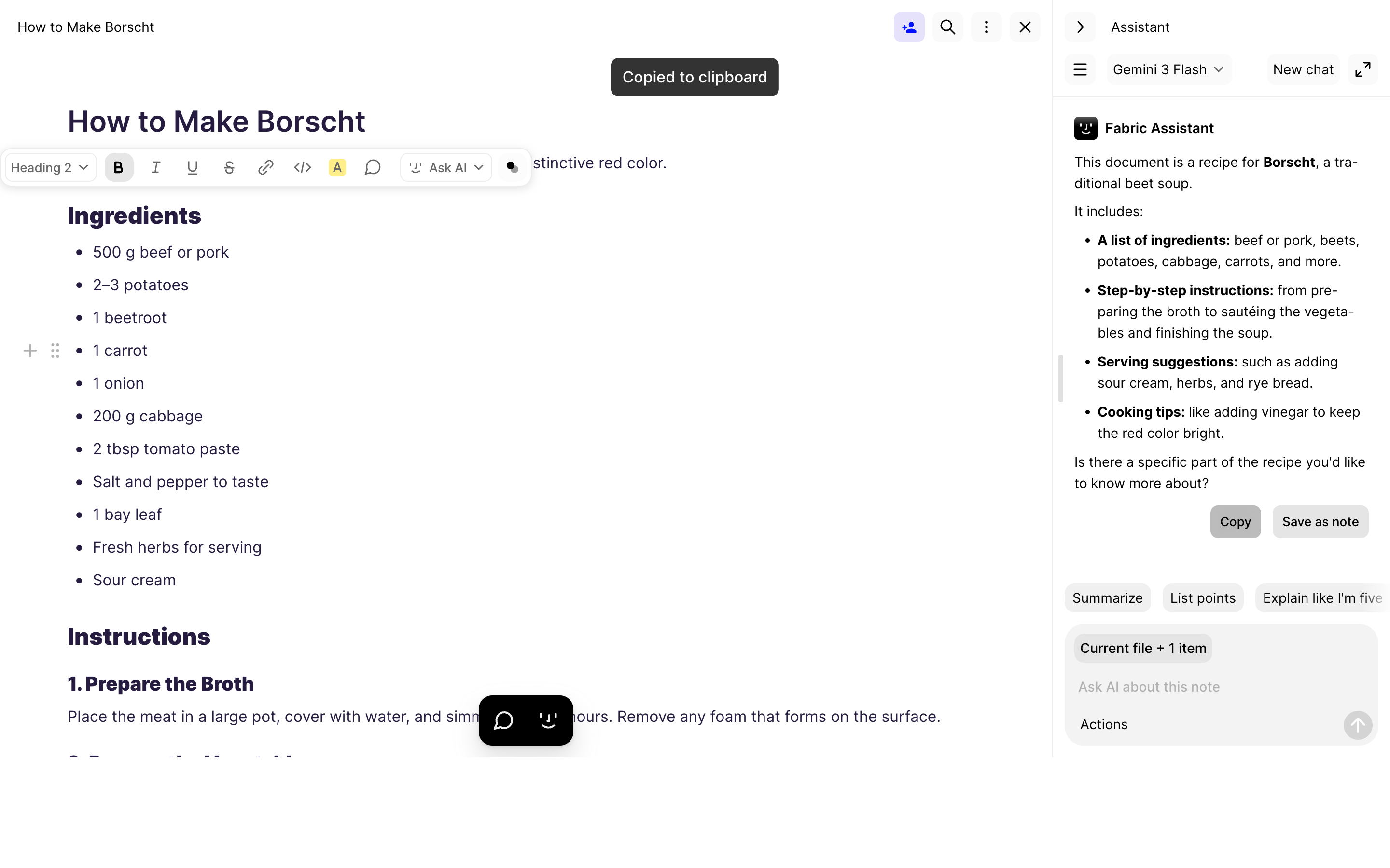 Fabric — recipe-side-panel screenshot