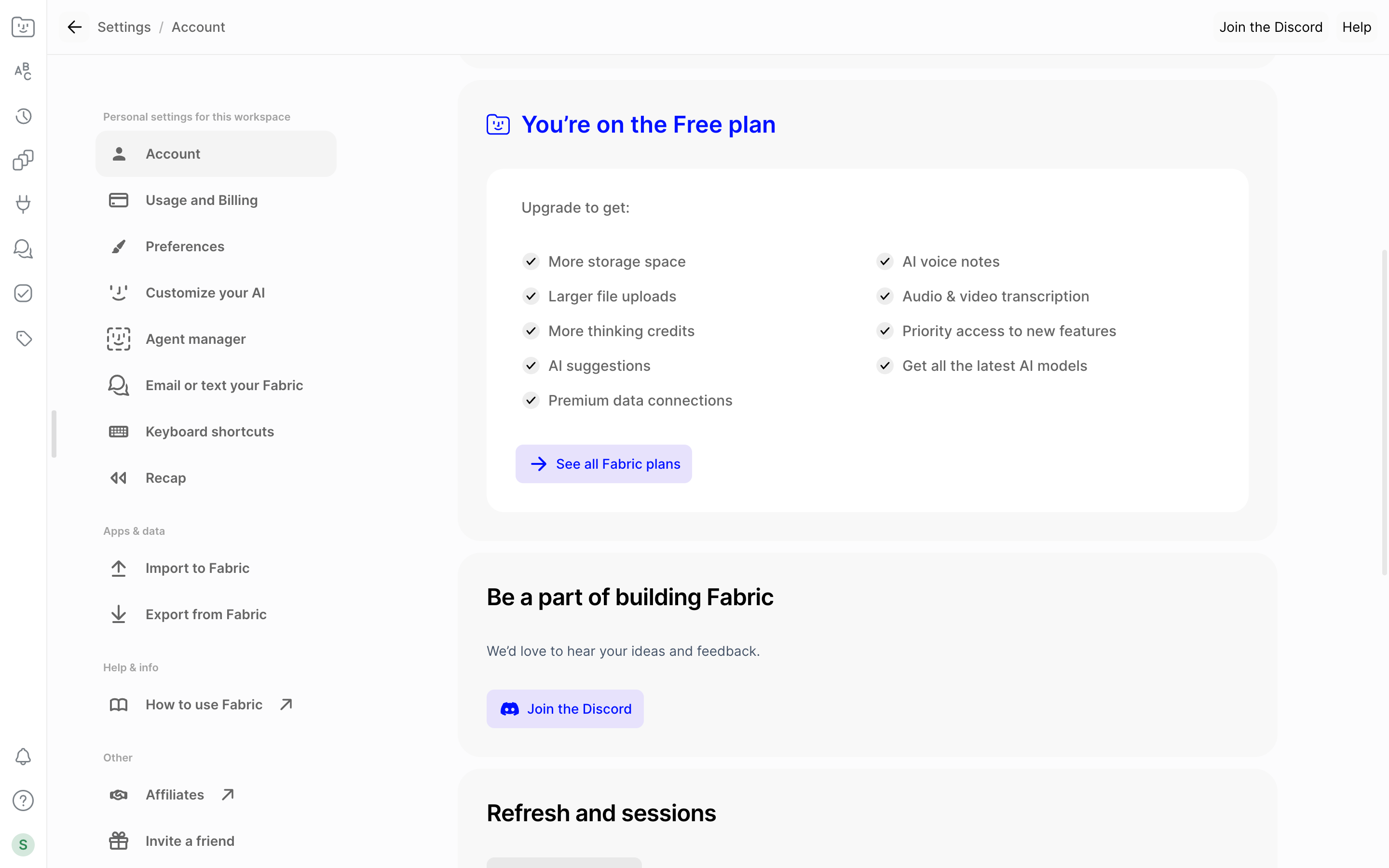 Fabric — billing-free-plan screenshot