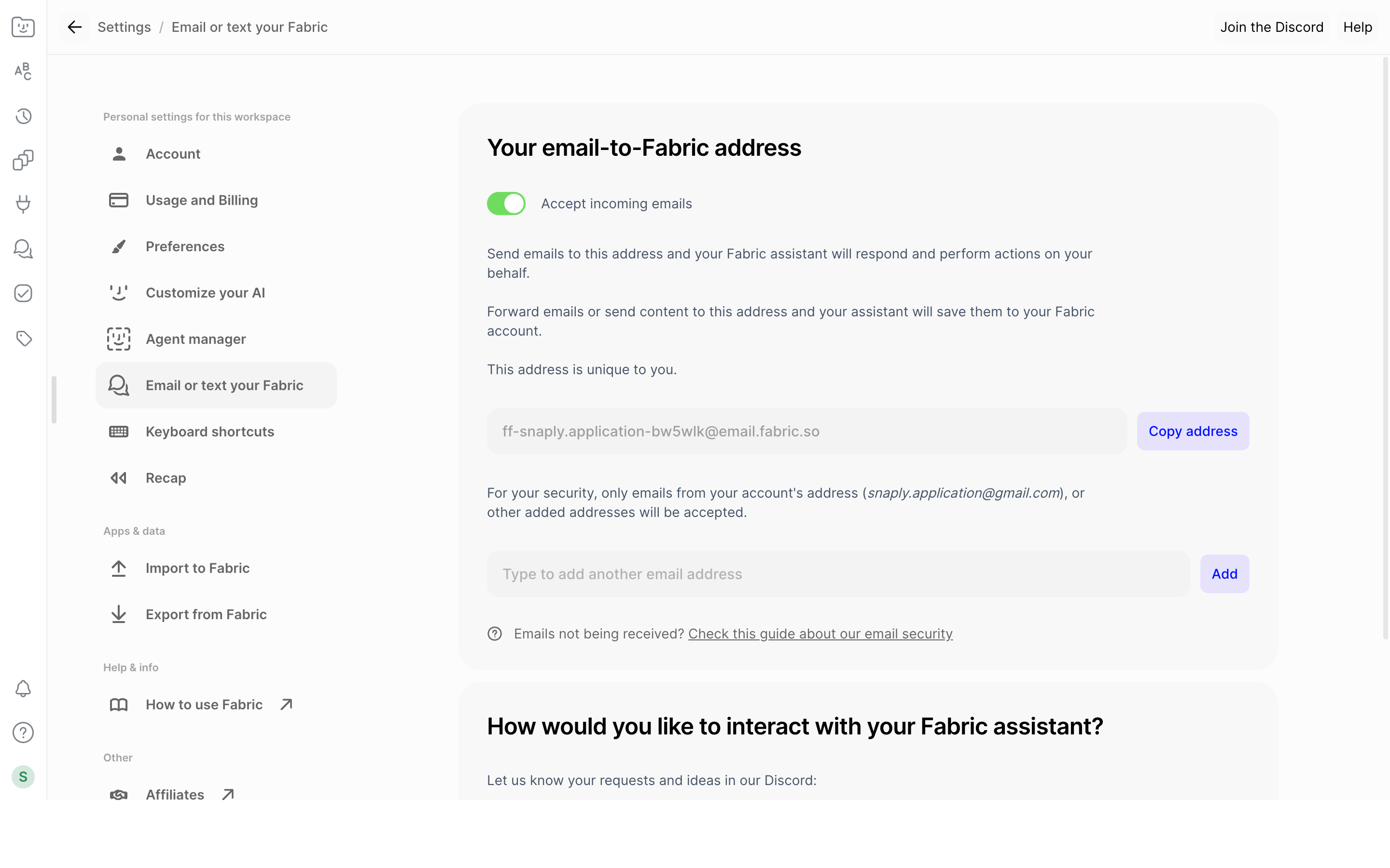 Fabric — email-address screenshot