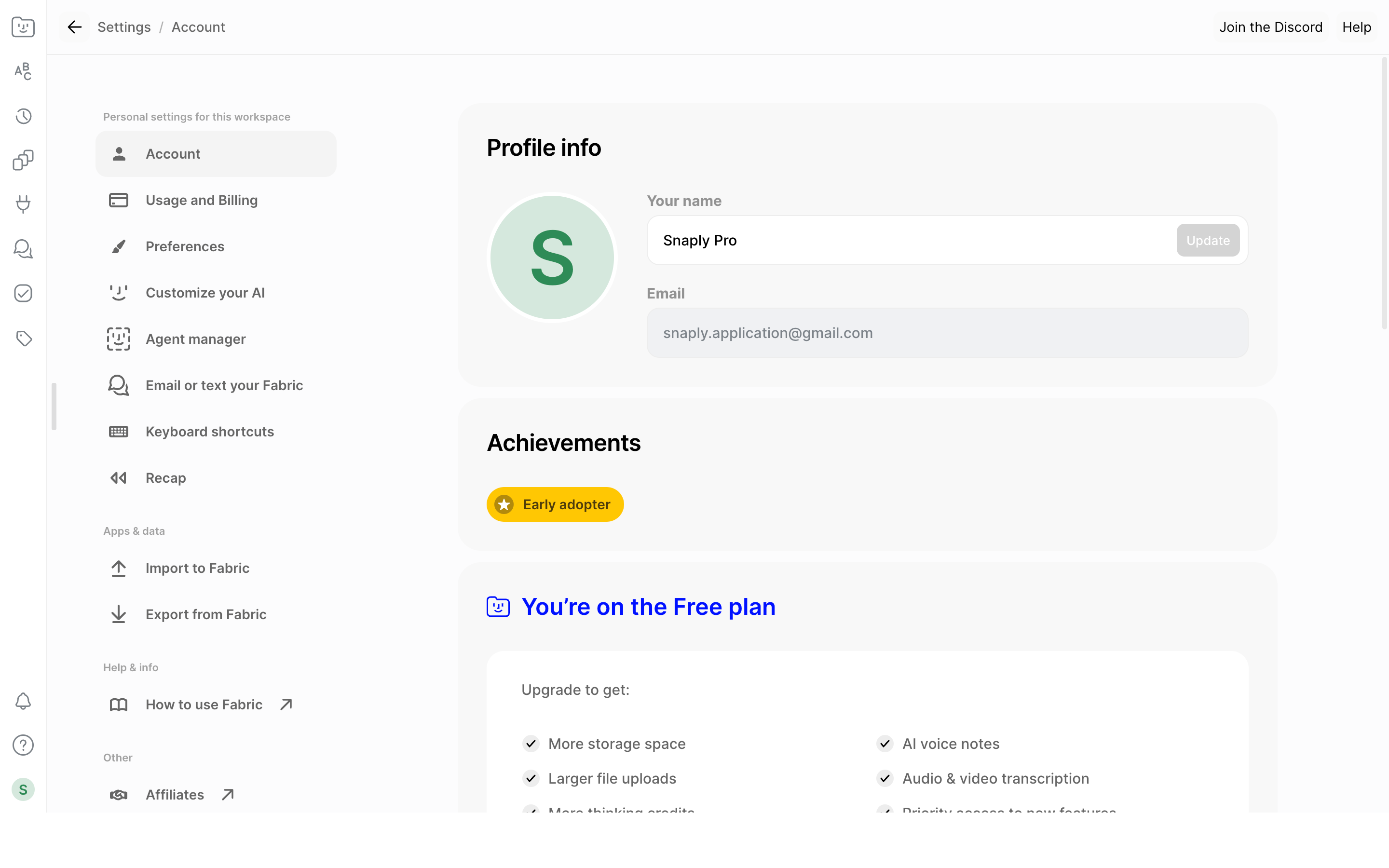 Fabric — account-profile screenshot