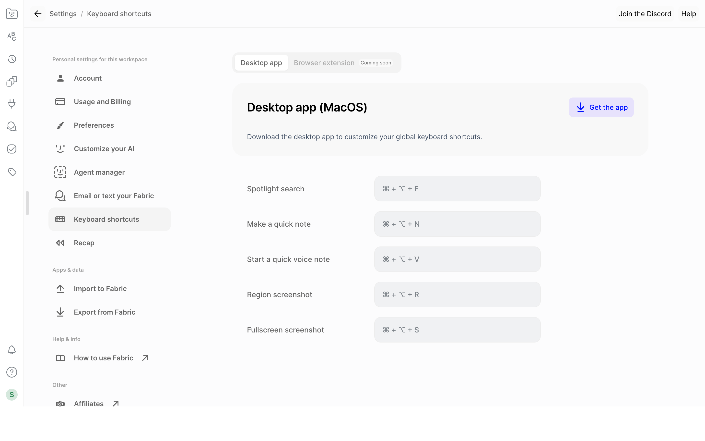 Fabric — desktop-shortcuts screenshot