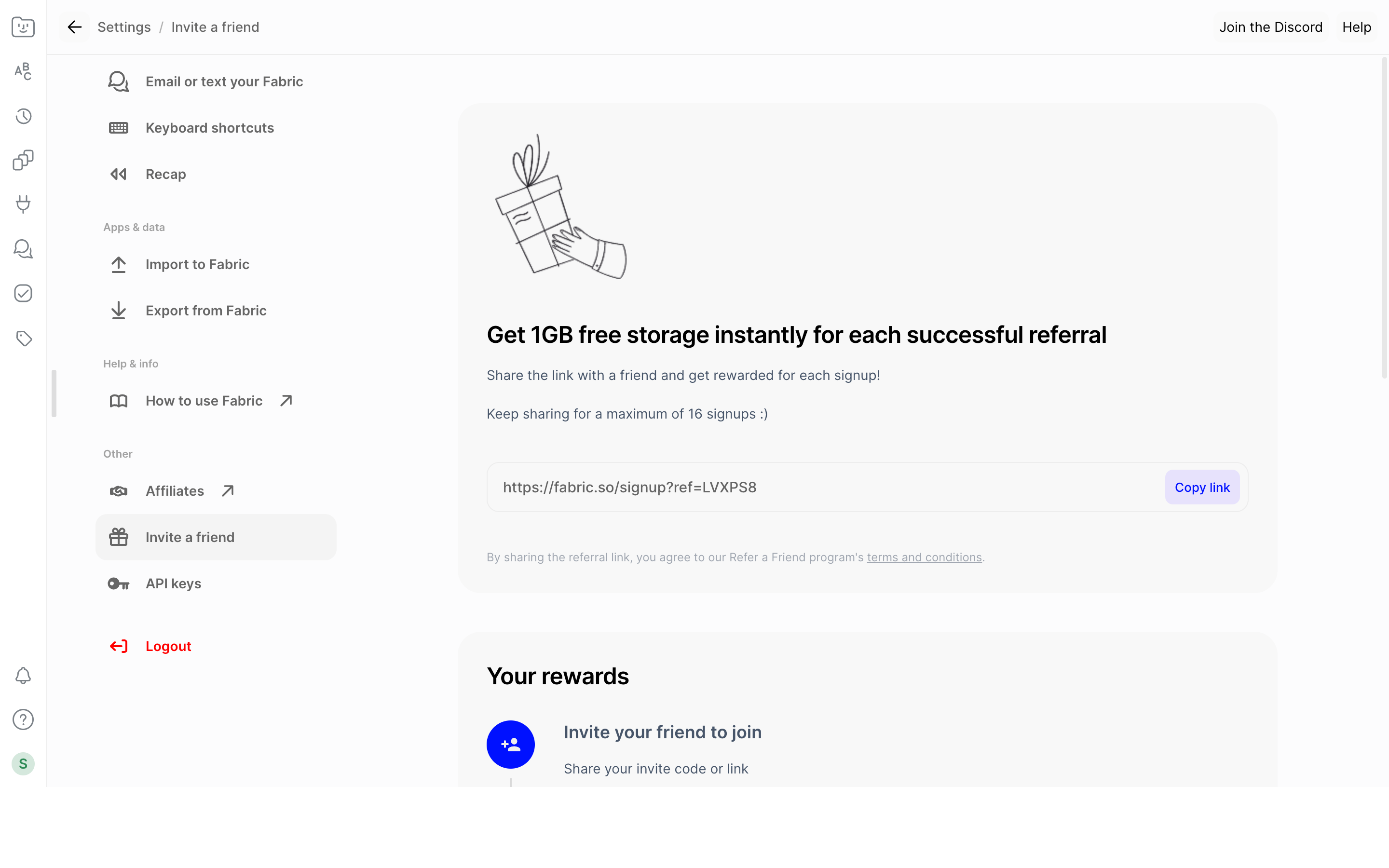 Fabric — referral-link screenshot
