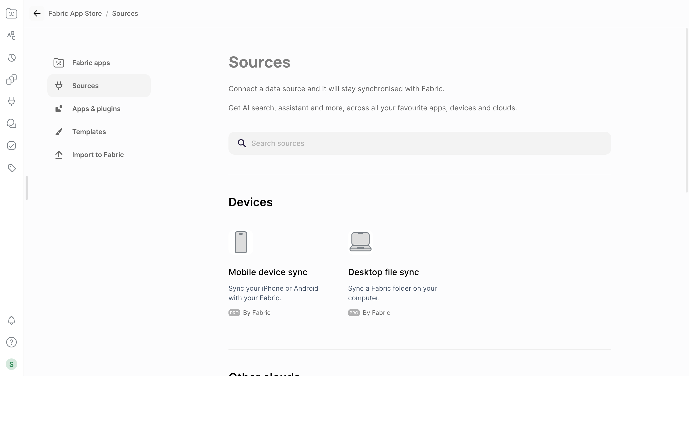 Fabric — sources-page screenshot