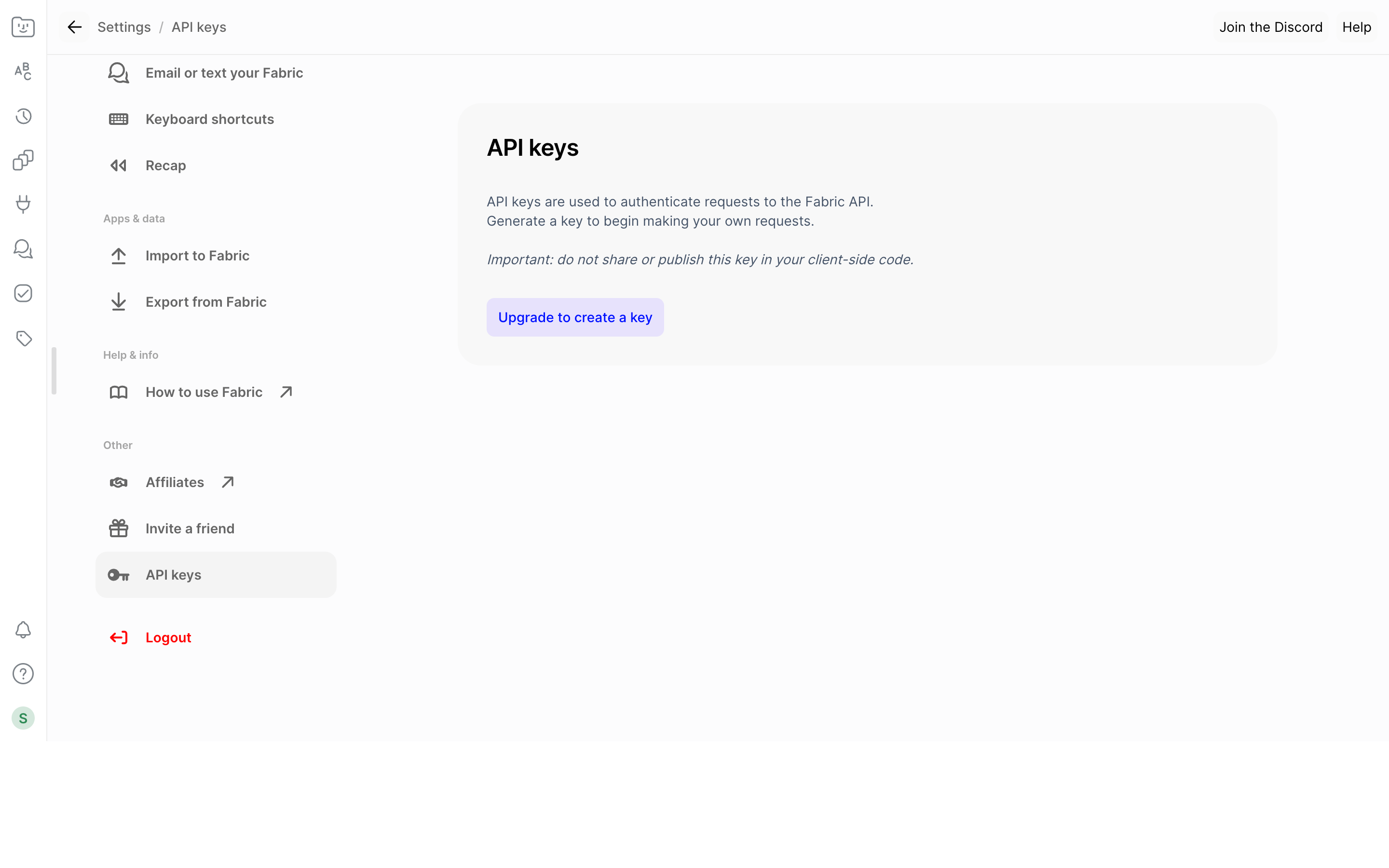 Fabric — api-keys screenshot