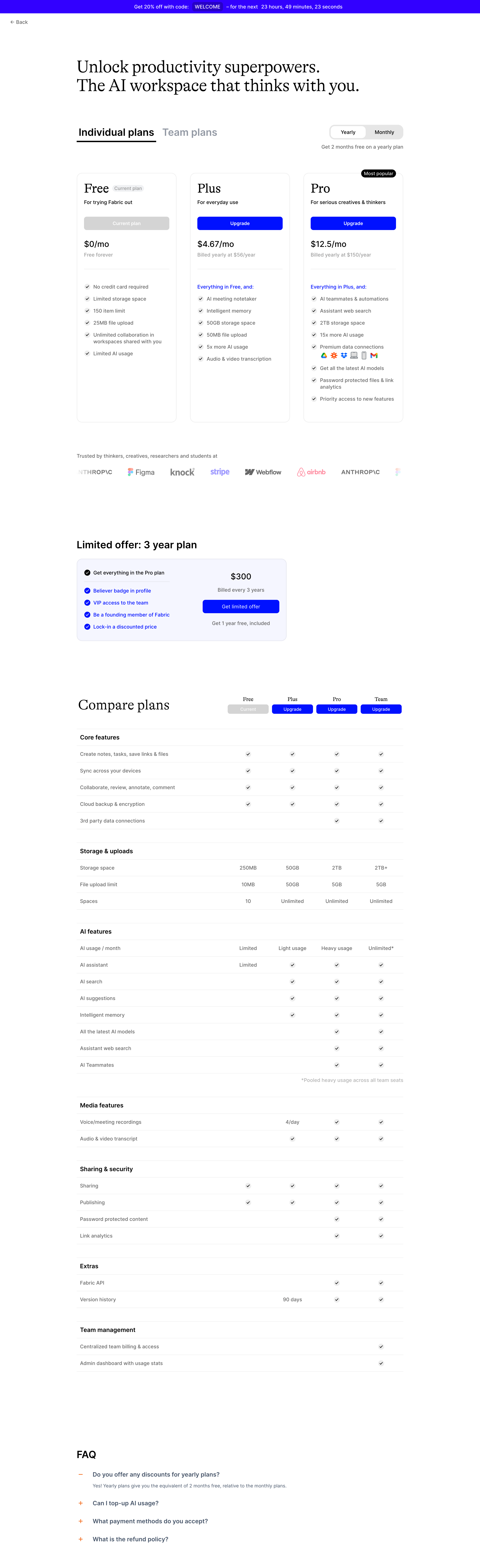 Fabric — pricing-page screenshot