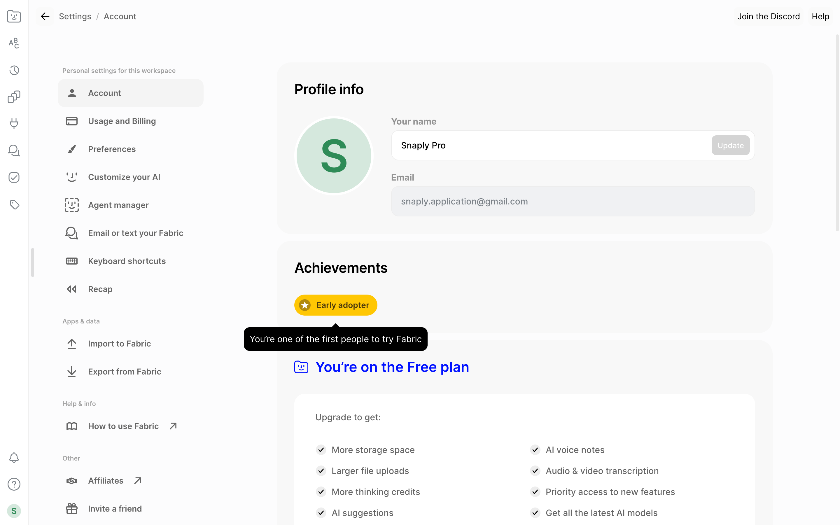 Fabric — account-profile-toast screenshot
