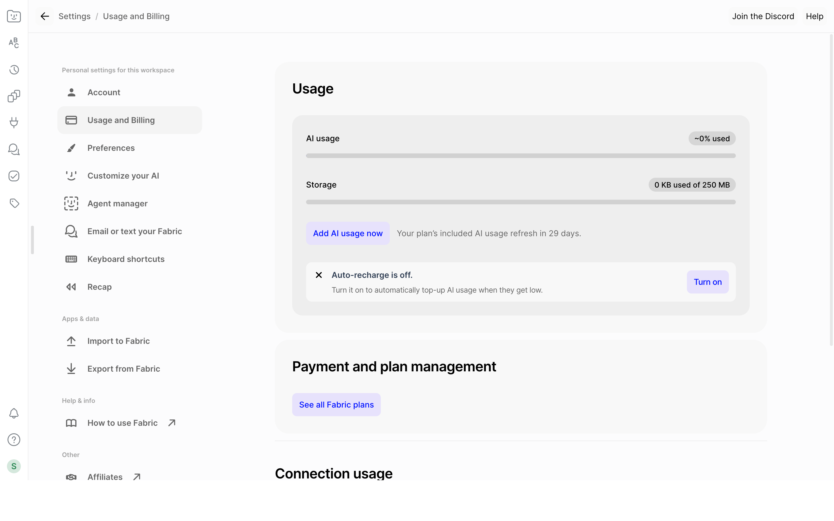 Fabric — usage-billing screenshot