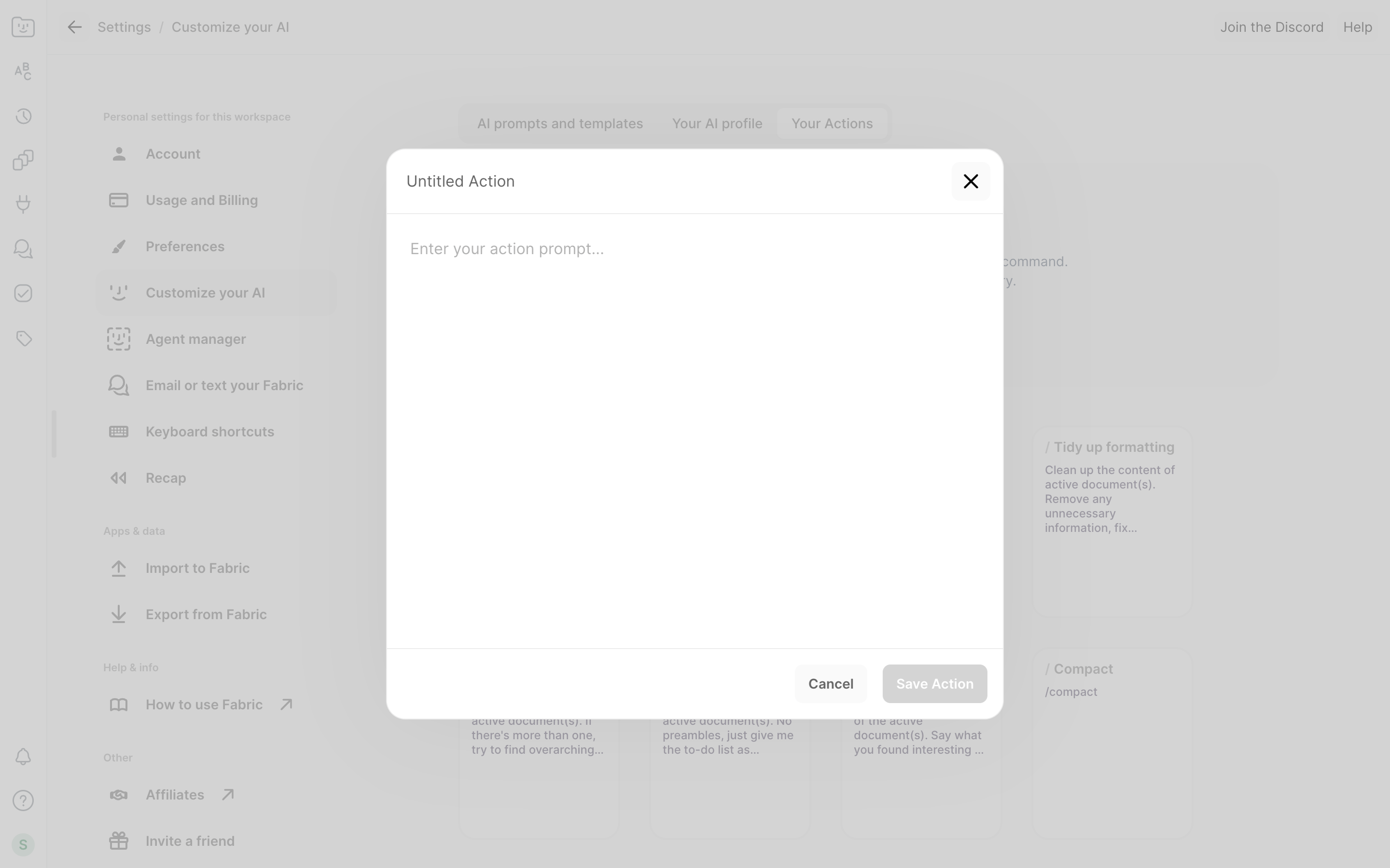 Fabric — action-dialog screenshot