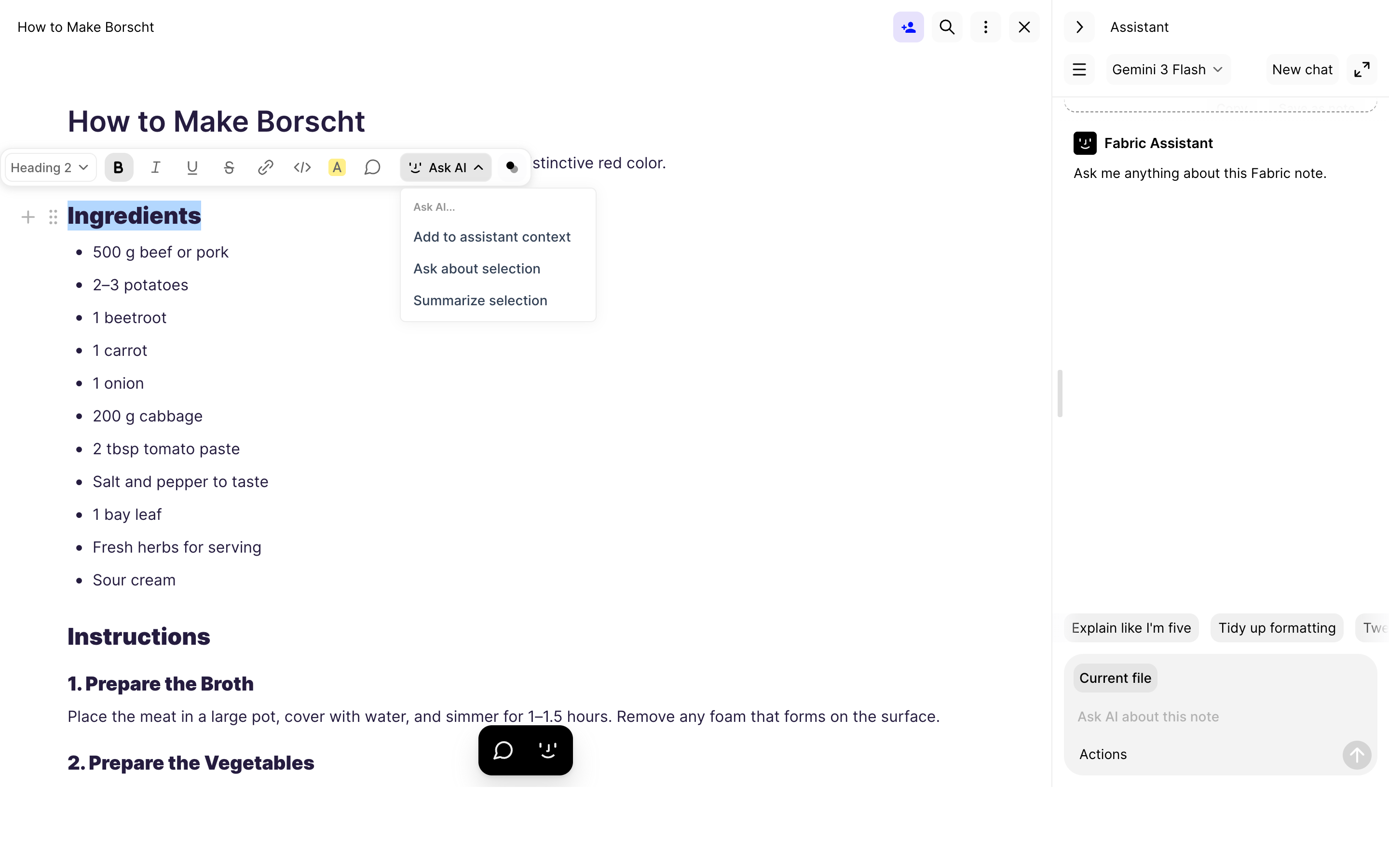 Fabric — recipe-action-menu screenshot